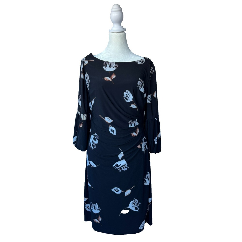 Lauren Ralph Lauren Floral Ruched Dress Womens 14 Black Bell Sleeve Elegant Work